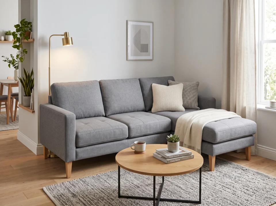 Best L shape sofa for apartment Abu Dhabi compact grey design