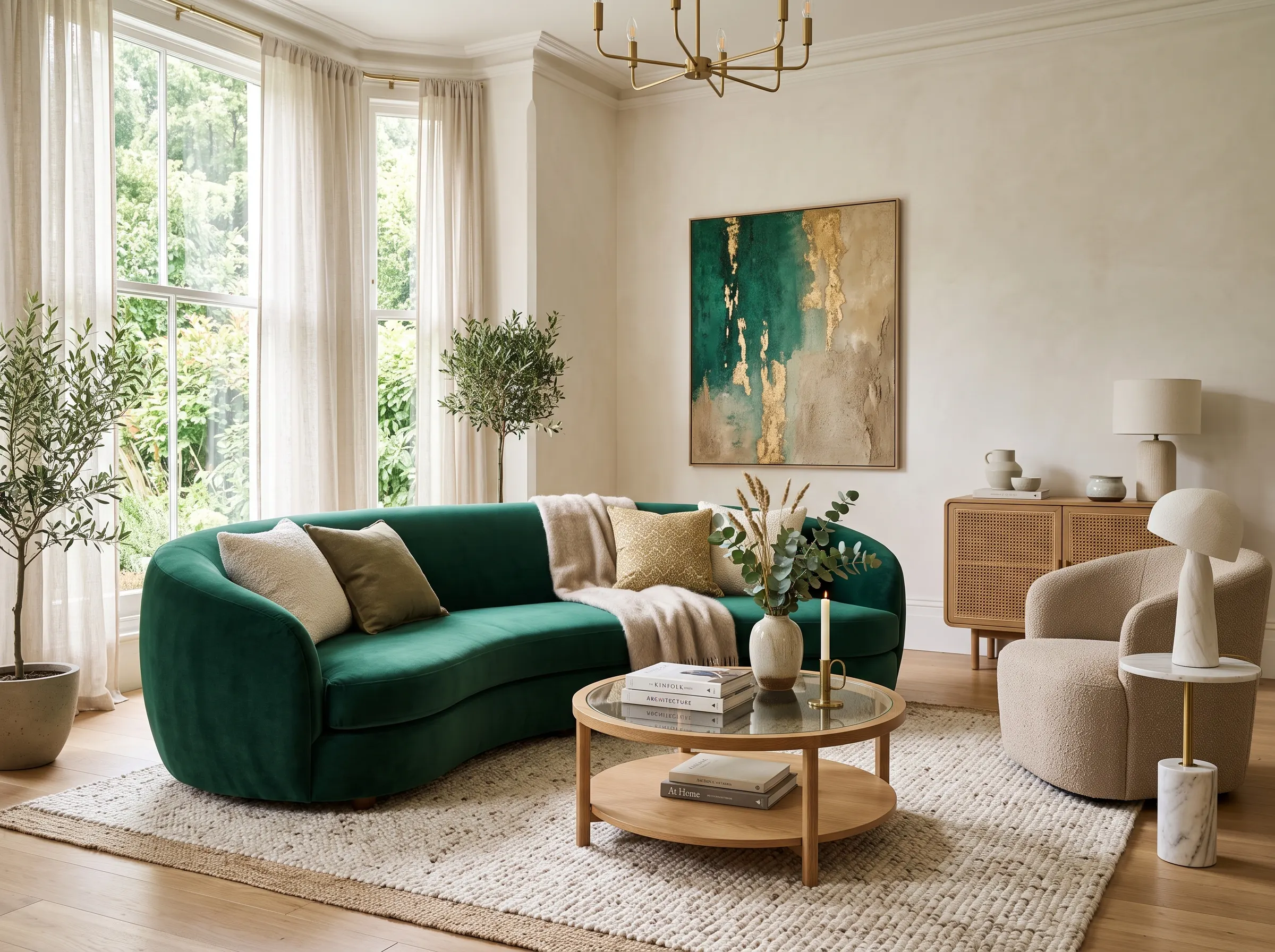 Elegant curved velvet sofa as the centerpiece of a luxury Dubai interior