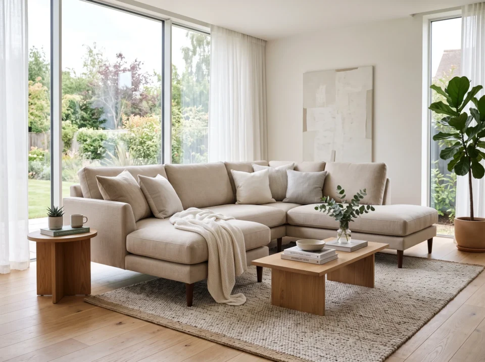 Modern L shape sofa Dubai with chaise in neutral living room