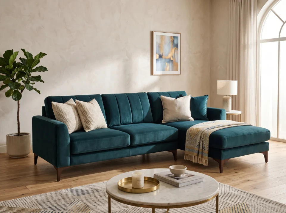 Modern L shape sofa with chaise UAE in velvet teal