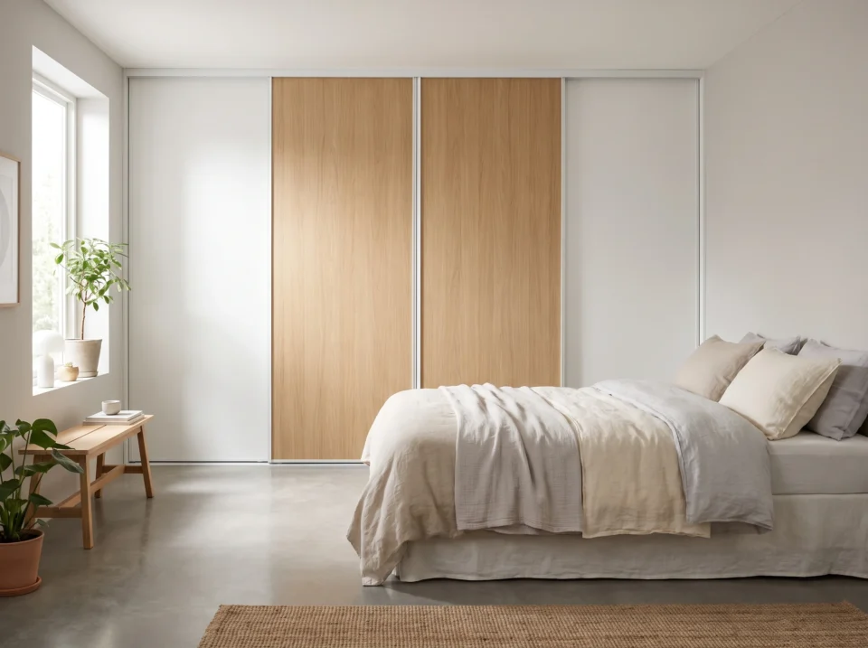 Modern custom wardrobe Dubai sliding doors in a bright minimalist bedroom