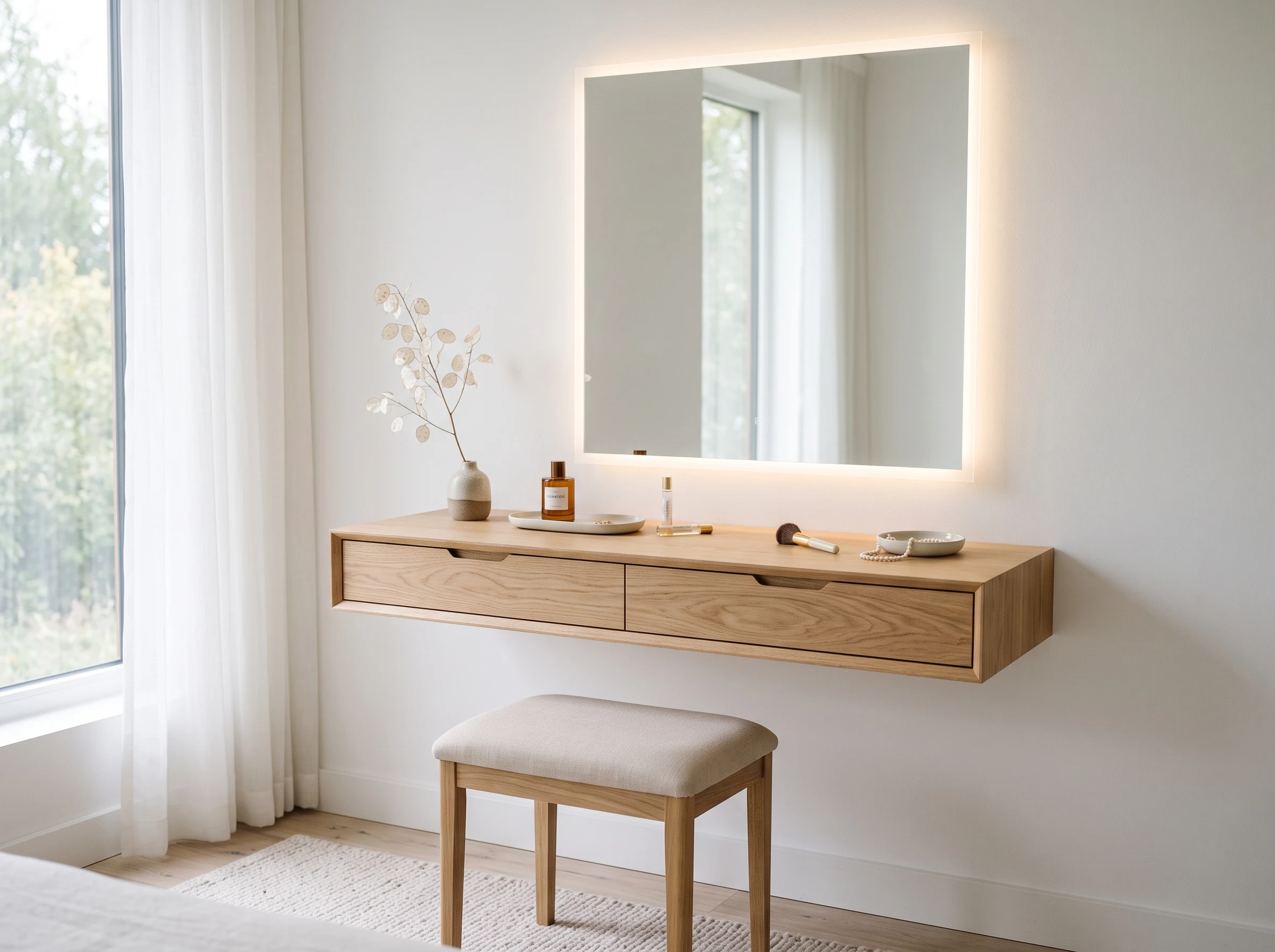 Modern wall-mounted dressing table with mirror Dubai for compact bedrooms