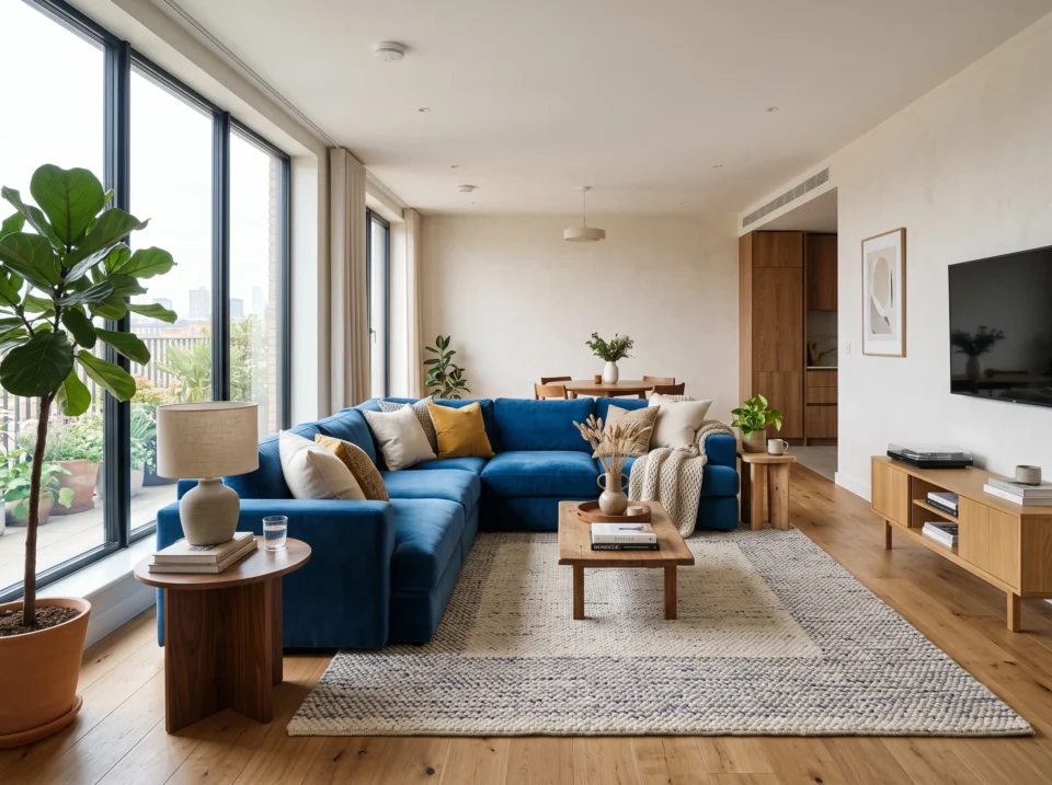 Modular blue velvet sofa perfect for Dubai homes
