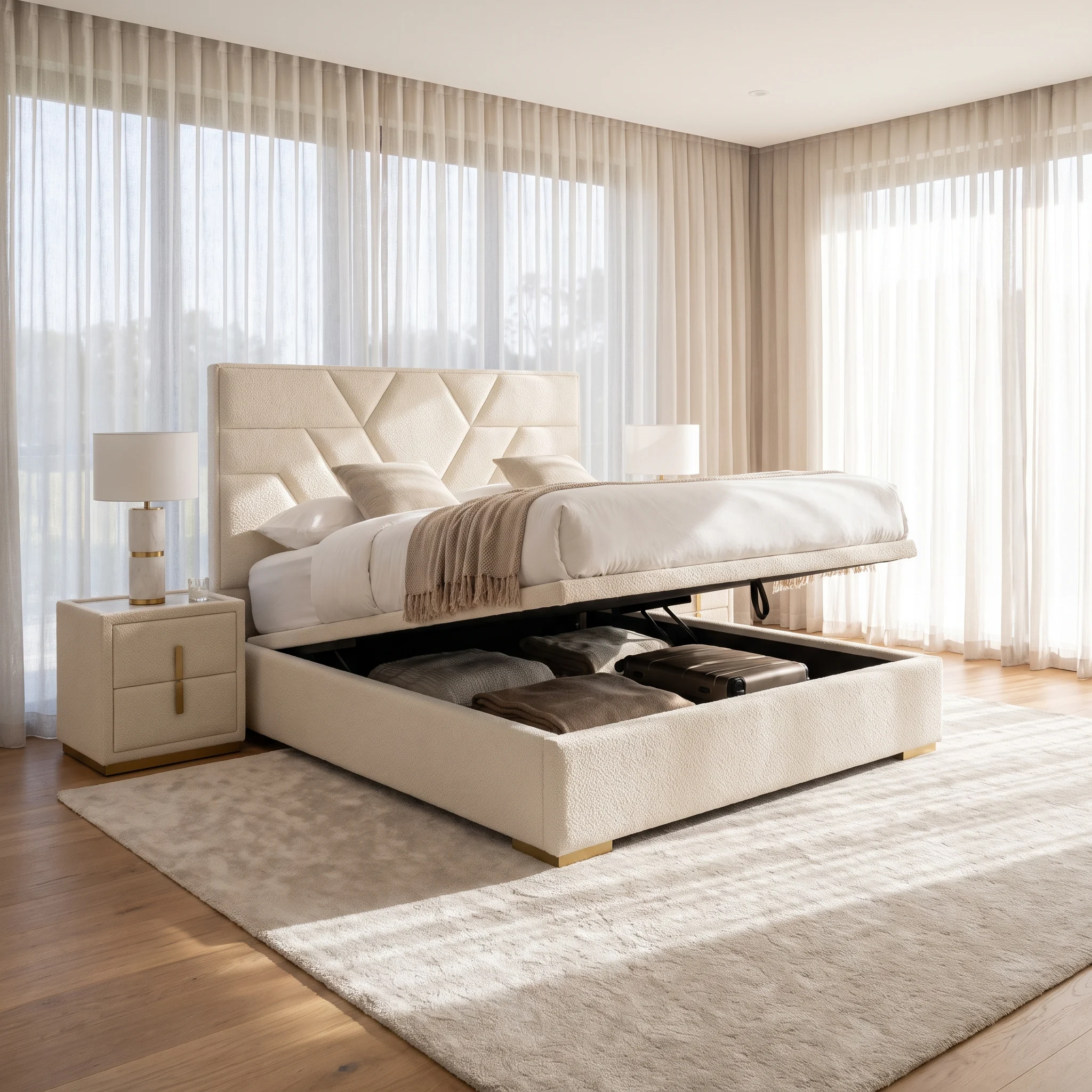 platform bed with storage Dubai in cream upholstery