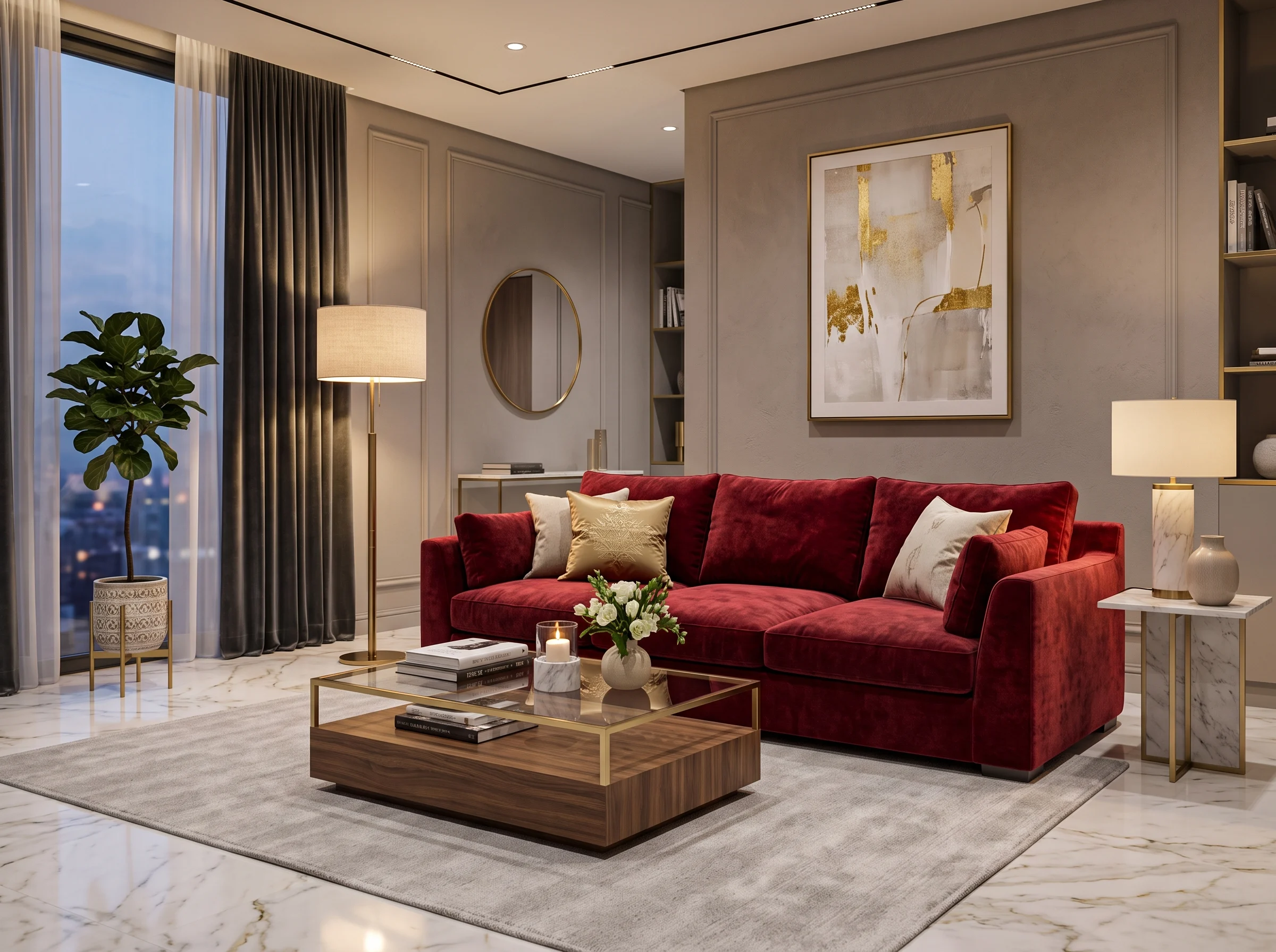 Luxurious red velvet sofa in a modern Dubai living room setting