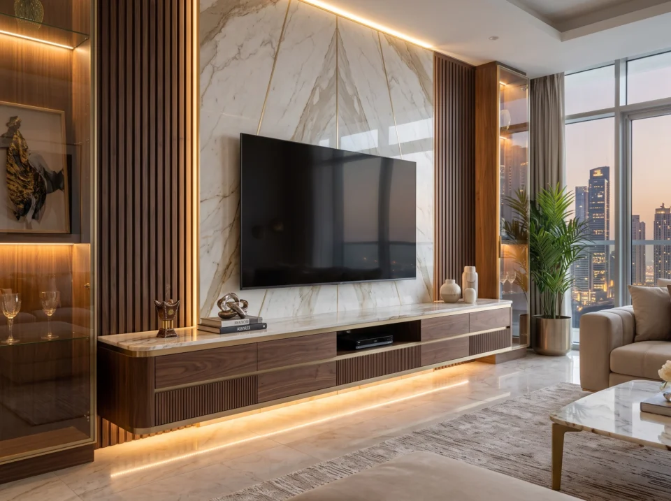 Premium custom-designed TV media unit in a luxury Dubai apartment, featuring integrated shelving and modern lighting.