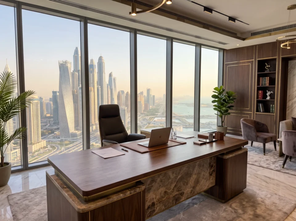 Modern luxury executive desk in a Dubai office setting