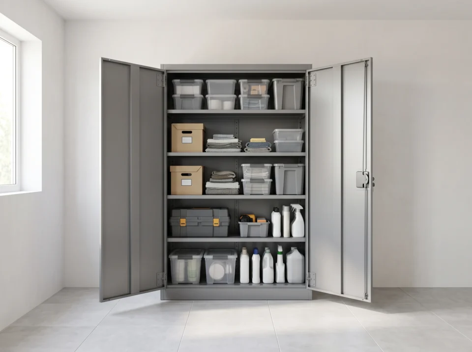 Heavy duty steel cupboard Dubai with organized storage shelves