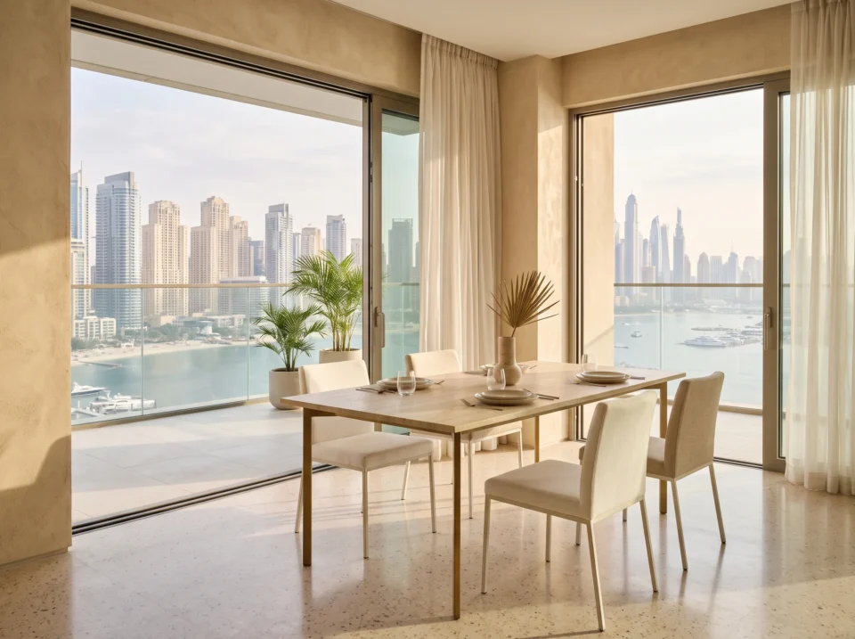Minimalist wooden dining set with sleek chairs in a Dubai apartment