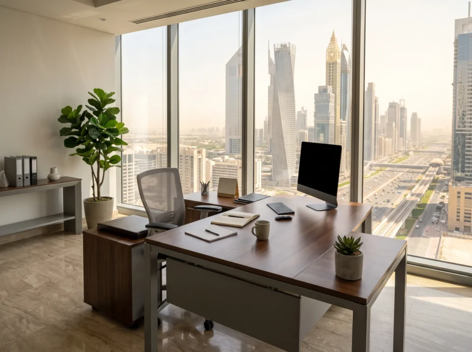 Modern office desk workstation set up in a Dubai workspace