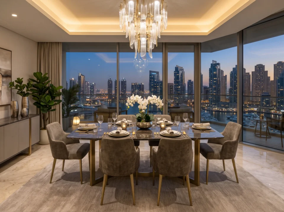 Modern 6-seater dining table set with upholstered chairs in a Dubai home