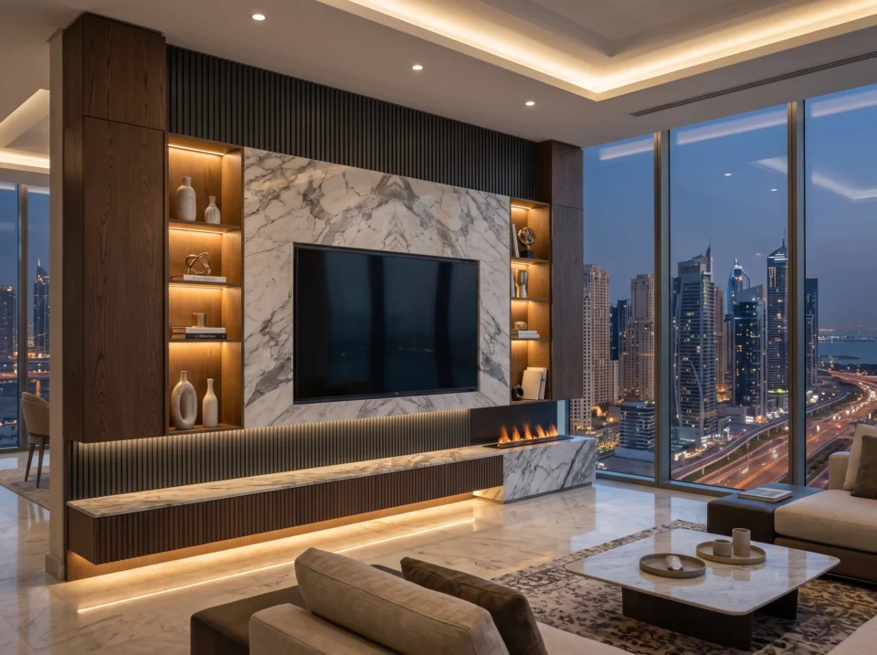 Stylish TV media unit installation optimized for space in a modern Dubai apartment living area.